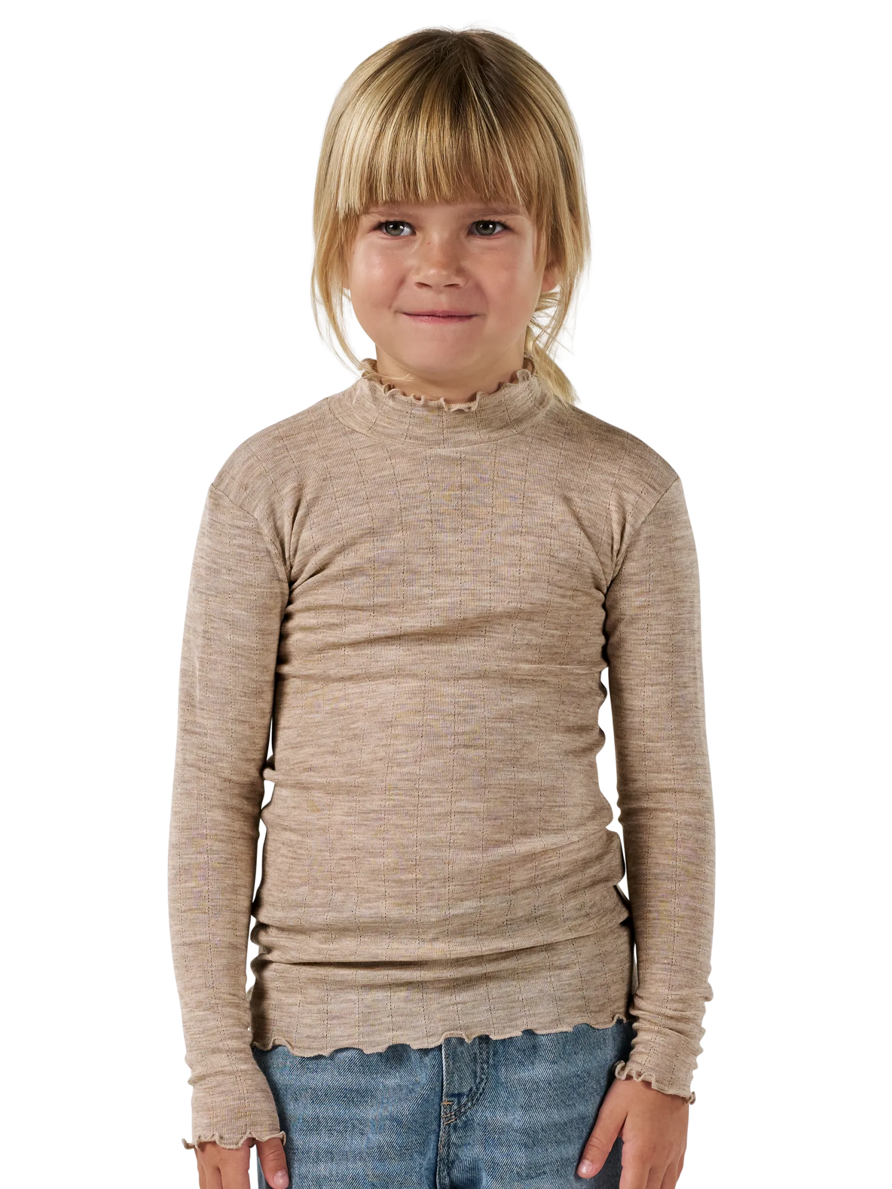 Bluse med hulmønster i merinould/silke til børn
