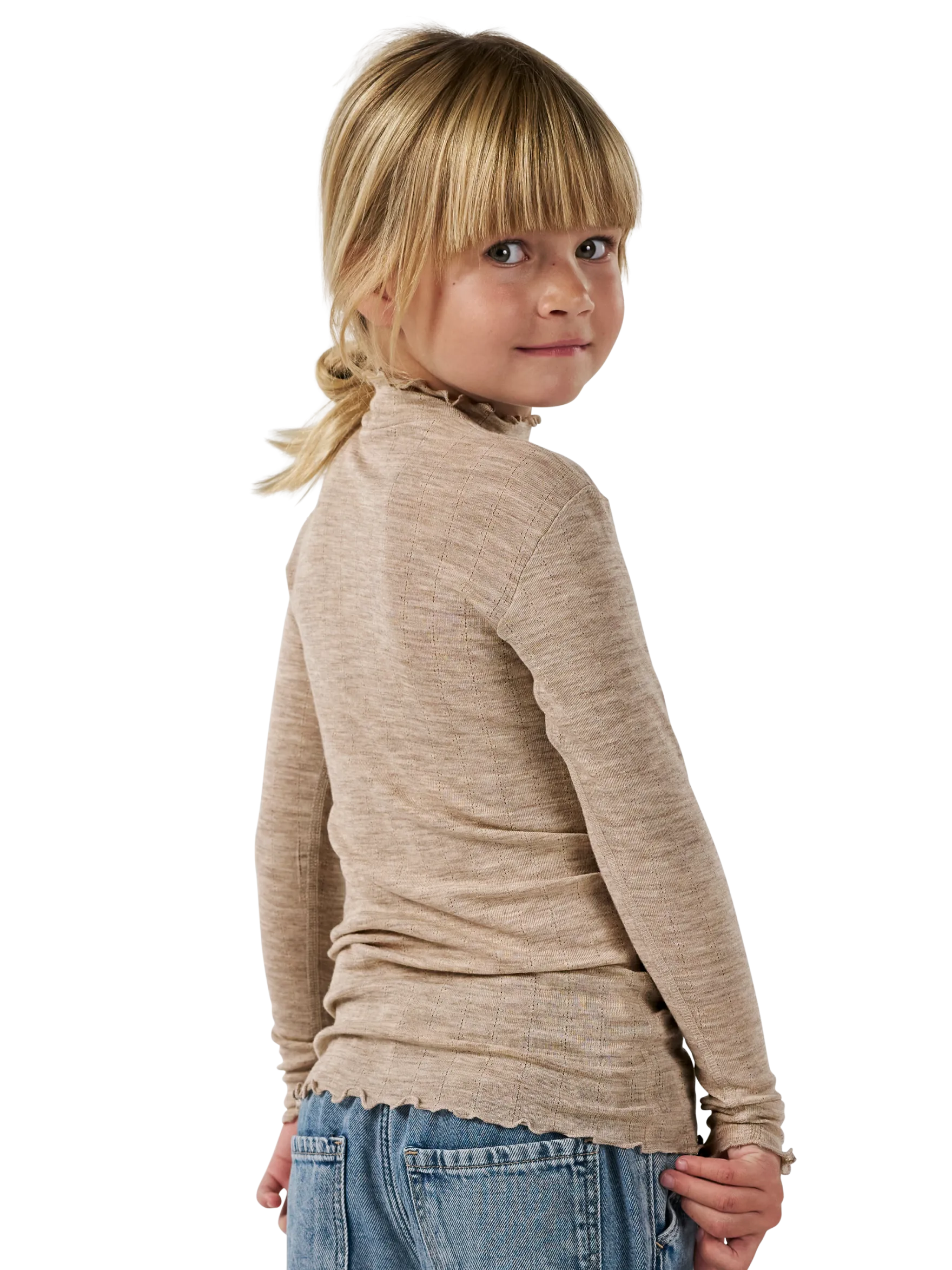 Bluse med hulmønster i merinould/silke til børn
